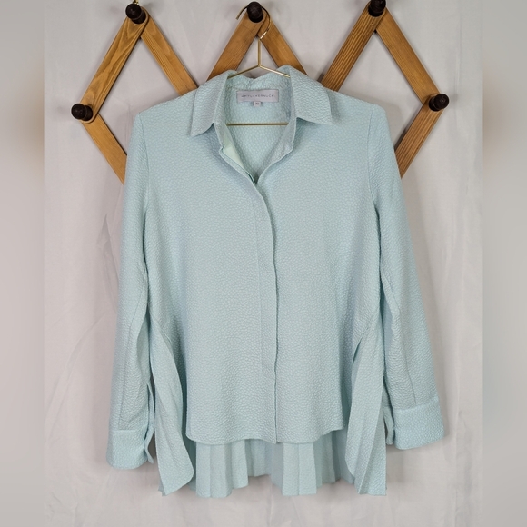 Tuckernuck Adele Sea Glass Textured Pleated Swing Back Button Up Blouse Top - Picture 3 of 10